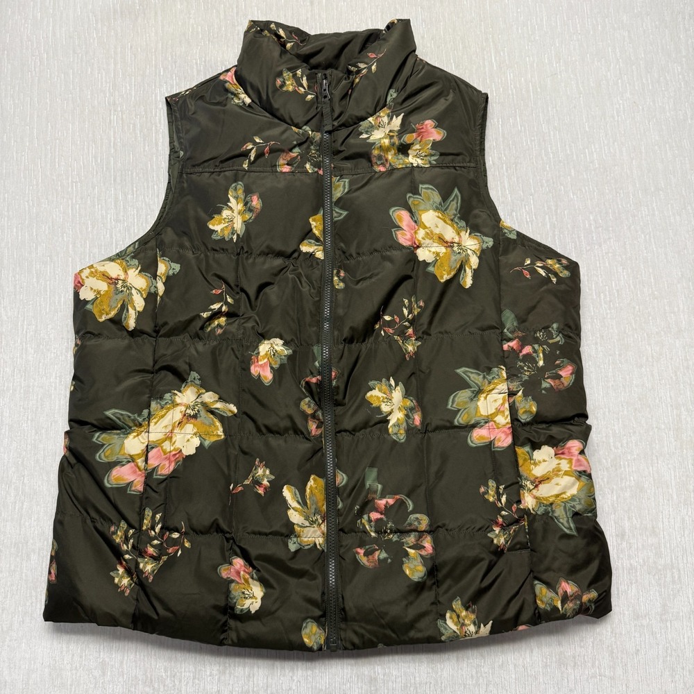 Lands' End Down Puffer Vest Womens 1X Green Floral Softshell Outdoor Warm Autumn